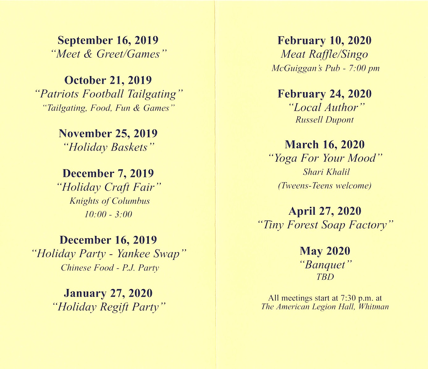 Calendar of Events Whitman Mothers Club